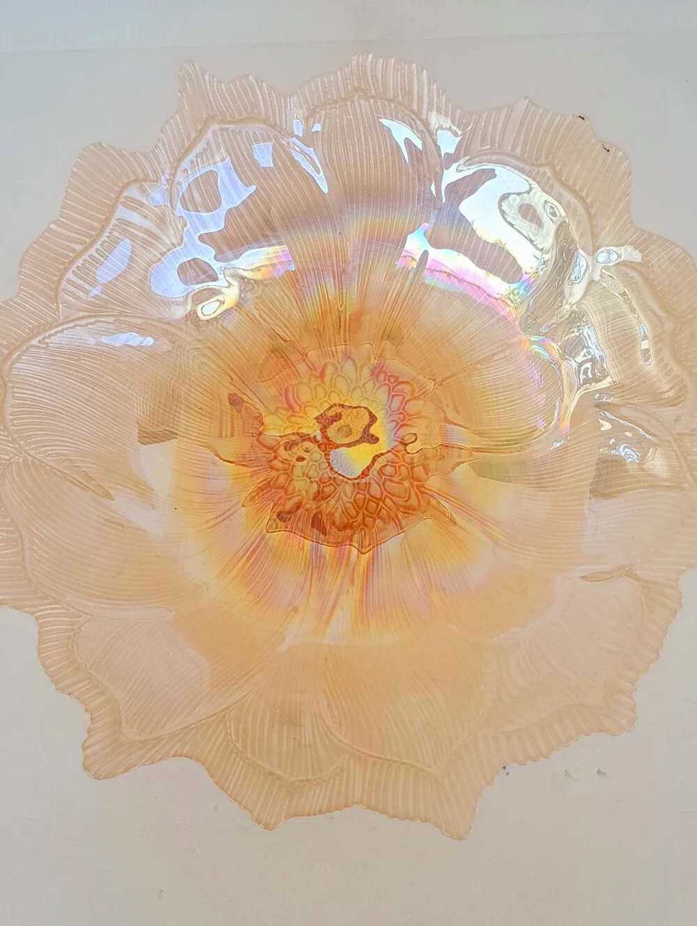 Vintage Iridescent Carnival Glass Bowl Marigold Ruffled Edge Floral 11”